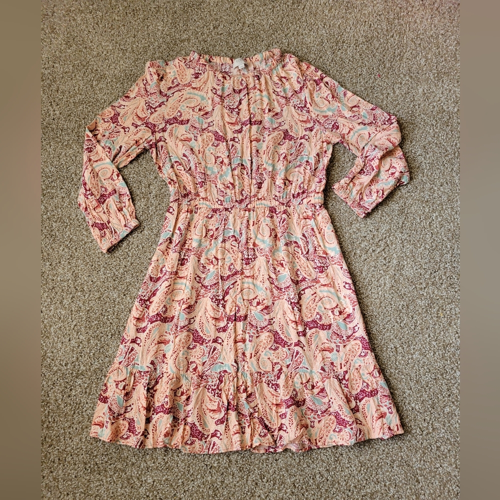 LOFT Pink and Cream Paisley Long Sleeve Dress